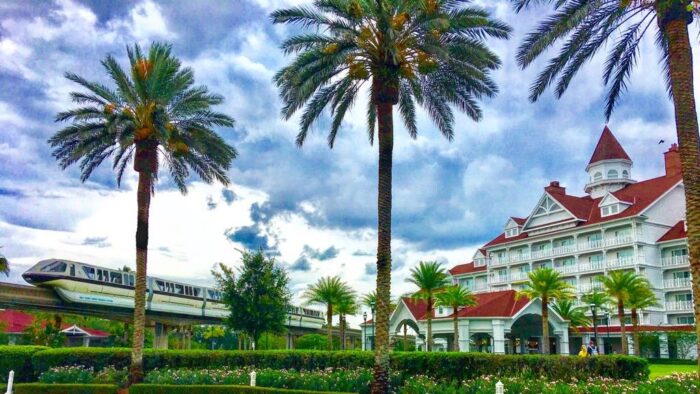 Grand Floridian at Walt Disney World with Monorail passing by