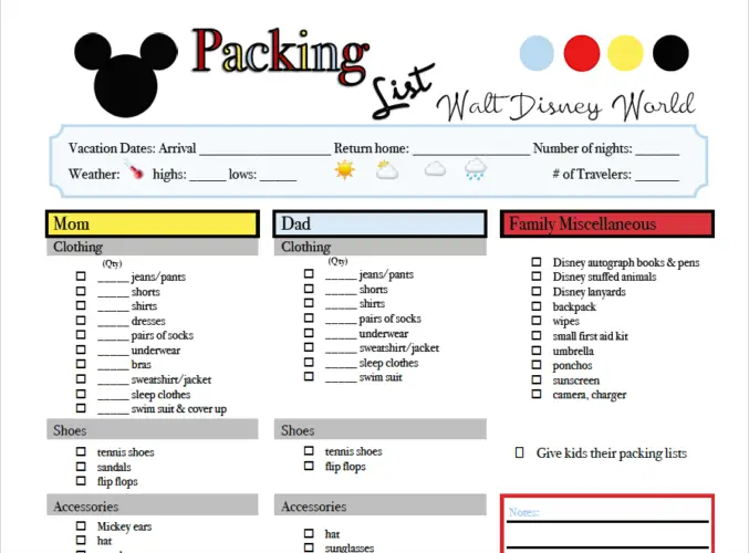 WDW Packing List