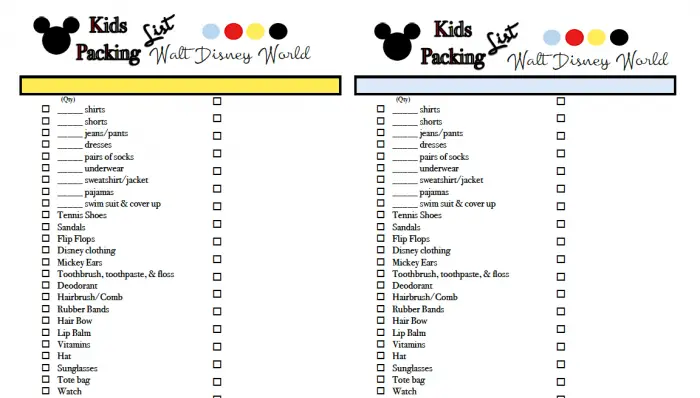 Kids WDW packing lists