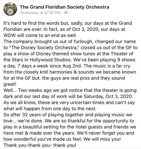 The Grand Floridian Society Orchestra Will Have It's Final Performance On October 3rd 1