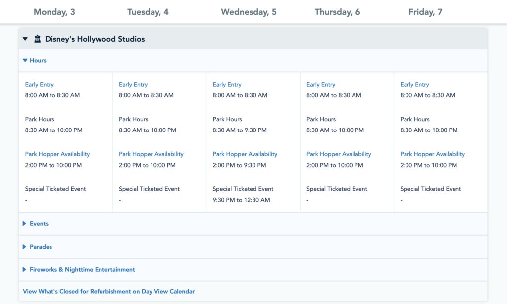 Planning your Walt Disney World Vacation 5 Day Calendar