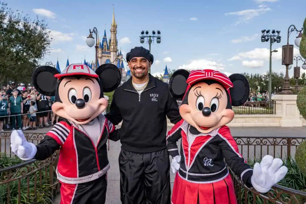 Jalen Hurts Celebrates Super Bowl Win at Walt Disney World mickey and minnie